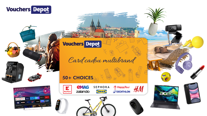 Vouchers Depot Multibrand Gift Card – over 50 shopping and experience options including eMAG, Sephora, IKEA, H&M, Decathlon, and Kaufland.