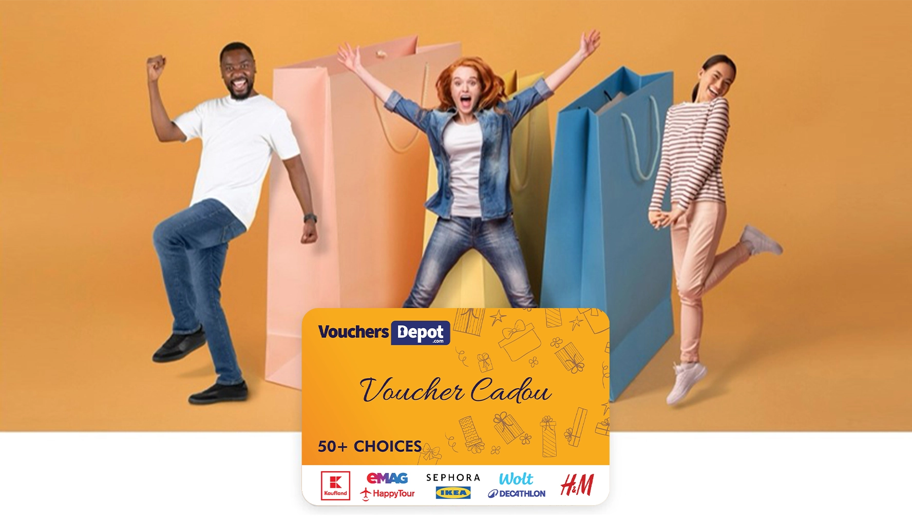 happy people shopping with the Gift Voucher