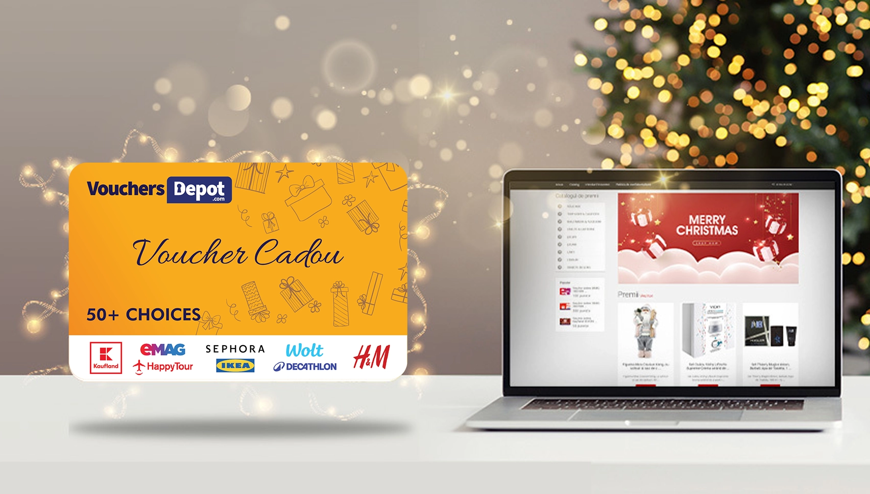 Gift Voucher and a screen showing a Rewardiful gift shop for Christmas campaign
