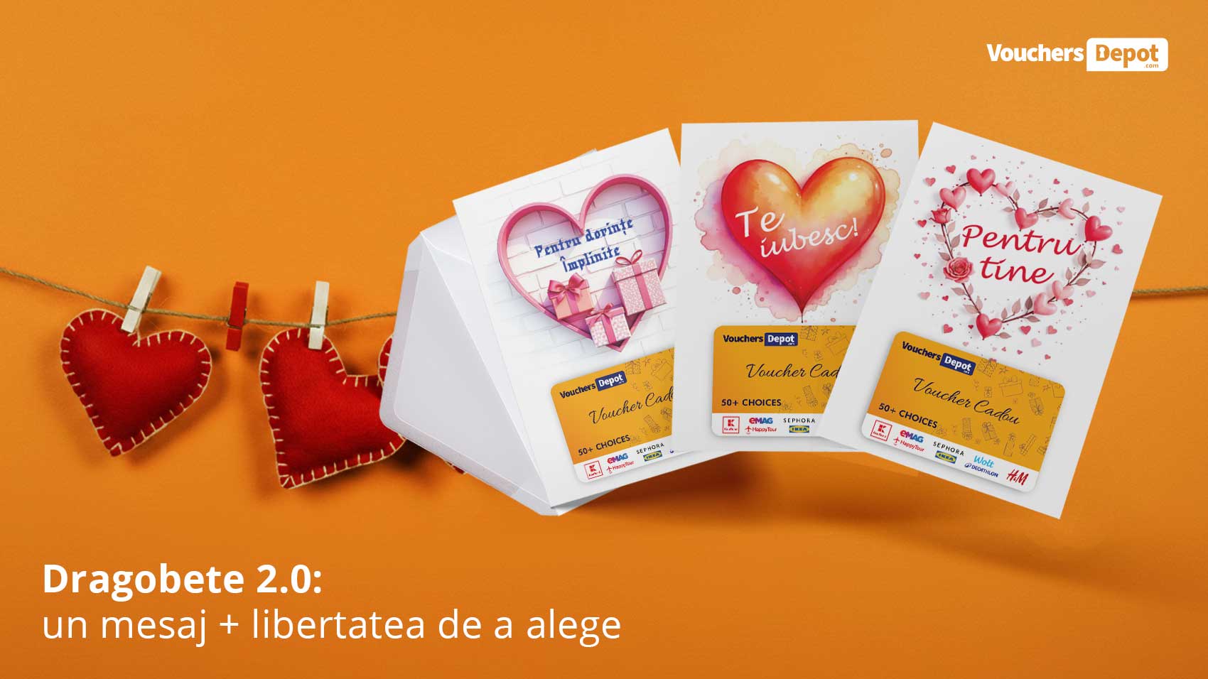 Greeting cards with Gift Voucher and red heart on orange background